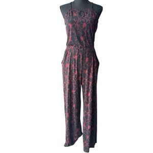 41 Hawthorn Dark Red and Black Floral Jumpsuit petite small